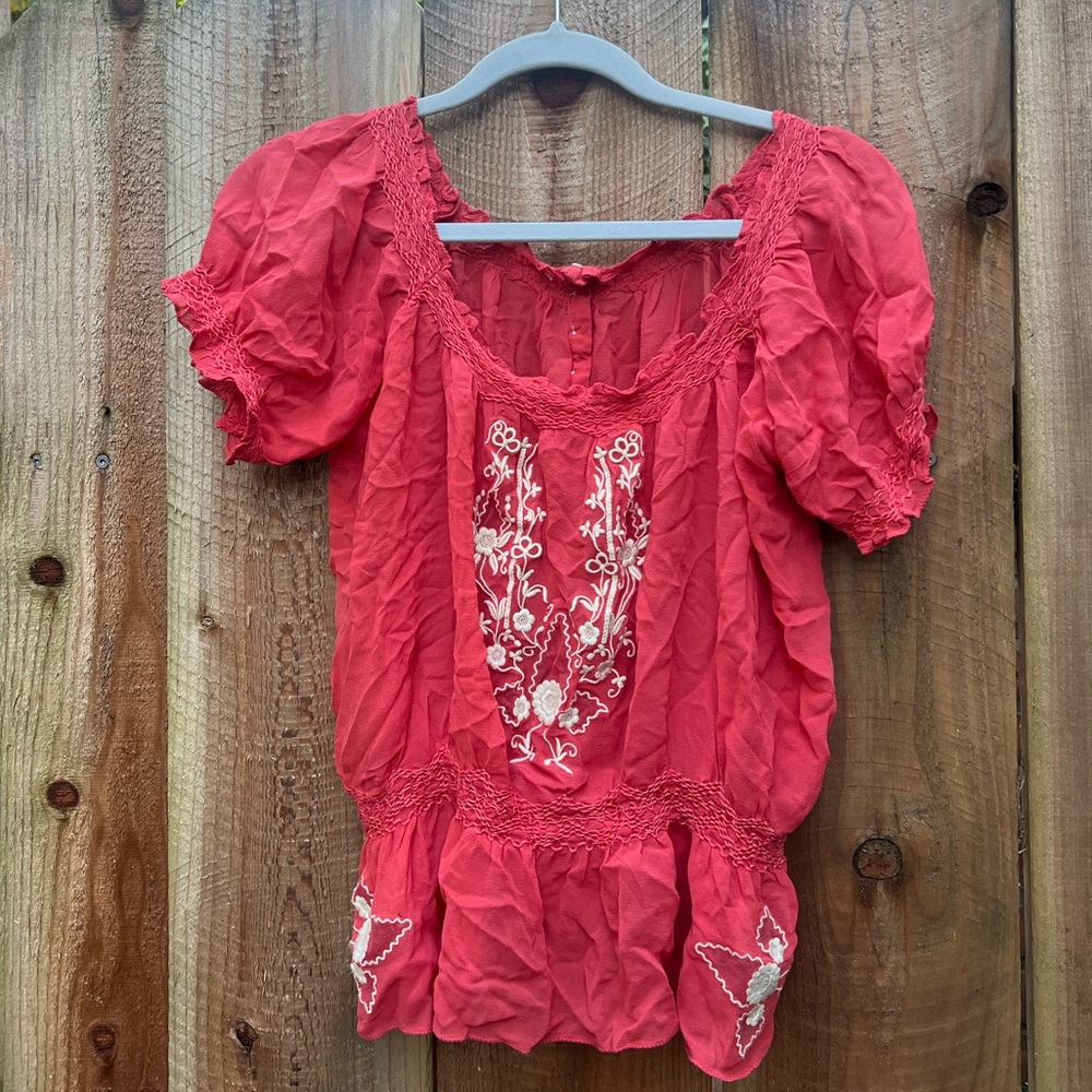 Bohemian 100% silk off shoulder floral embroidered shirt top small